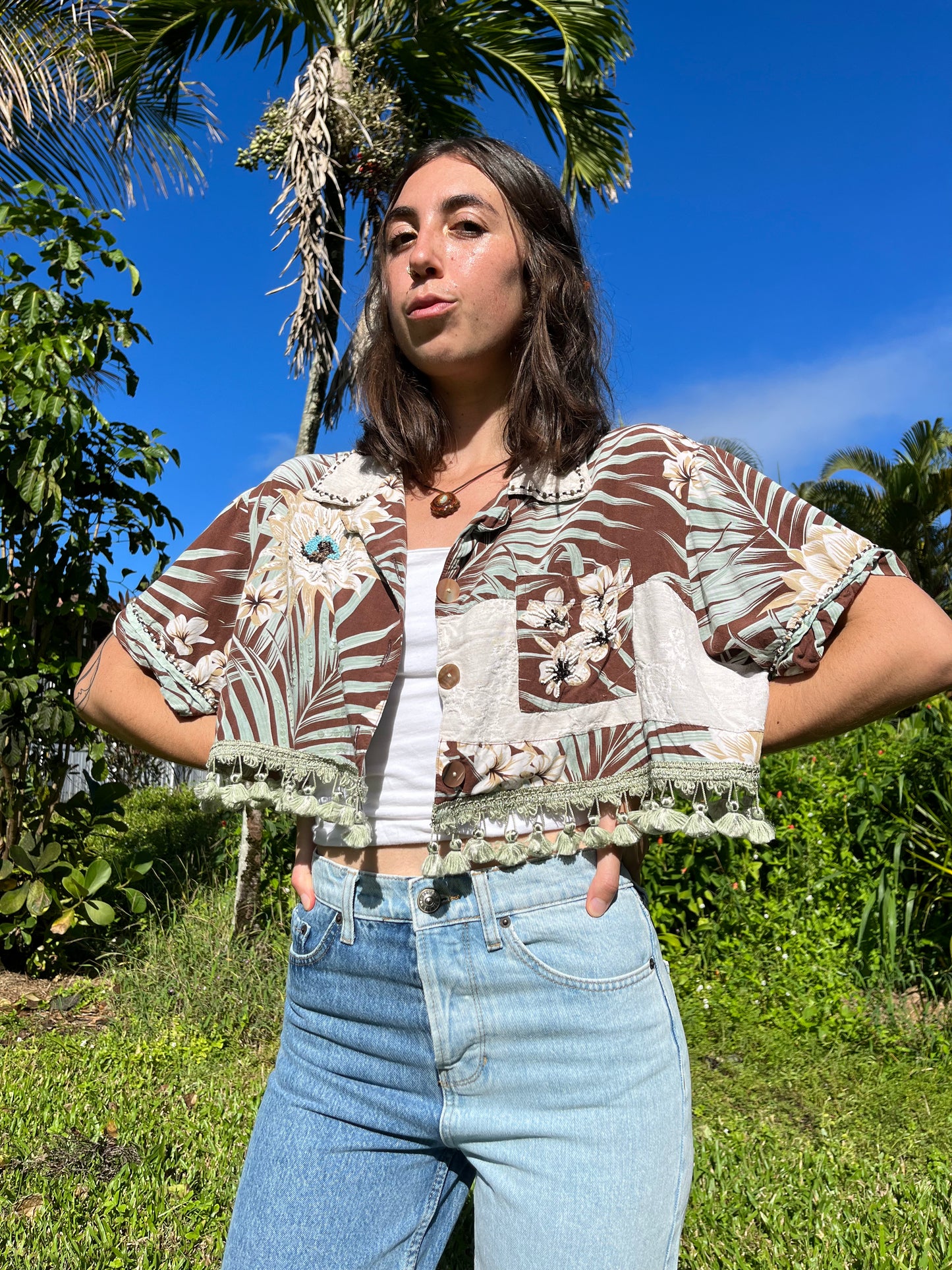 Beaded Hawaiian Cropped Button Down