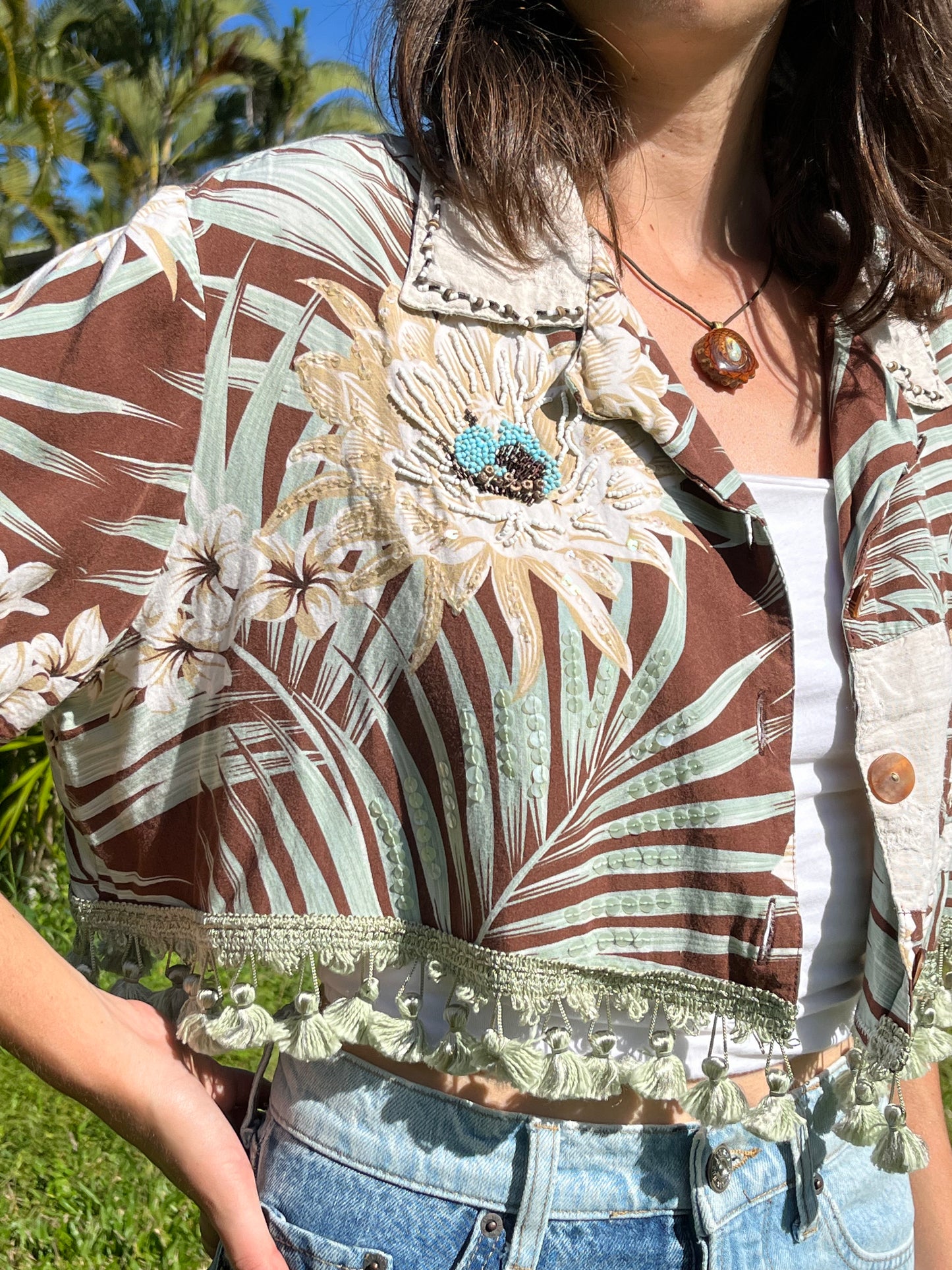 Beaded Hawaiian Cropped Button Down